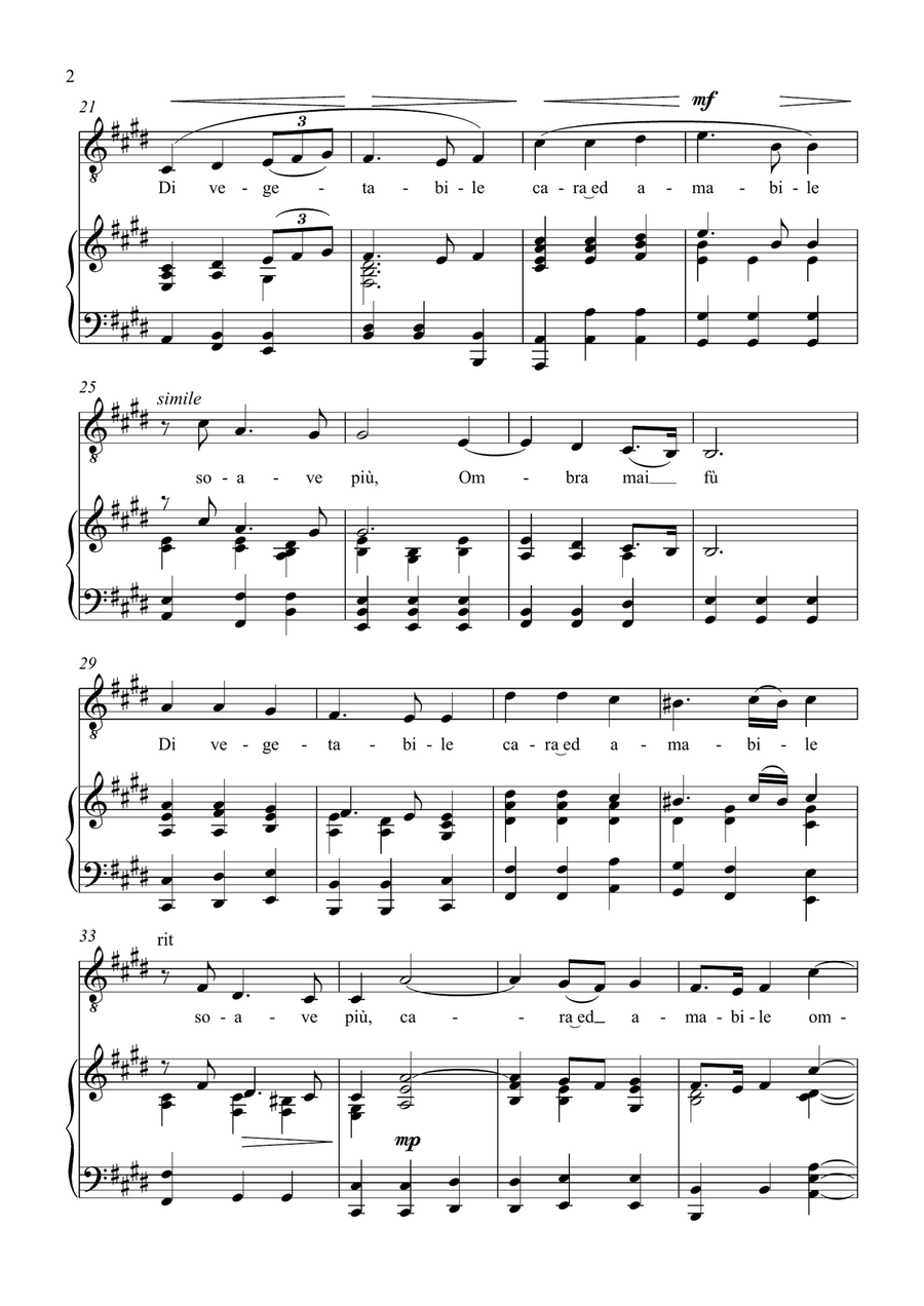 Ombra Mai Fù - G. F. Handel - for Contralto Solo with Accompaniment in E Major Alto Voice scores gallery preview page 2