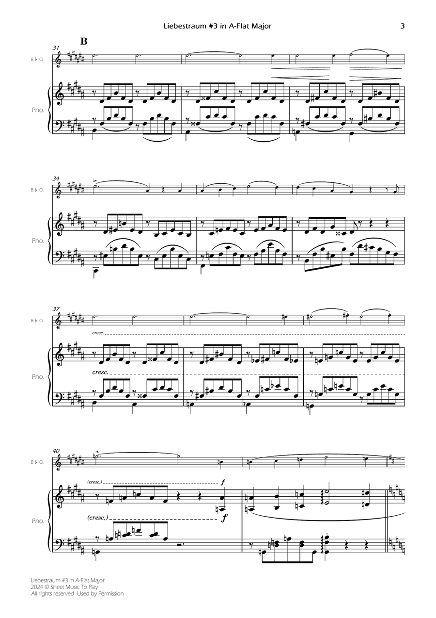 Liebestraum No.3 - Bb Clarinet and Piano (Full Score) B-Flat Clarinet scores gallery preview page 3