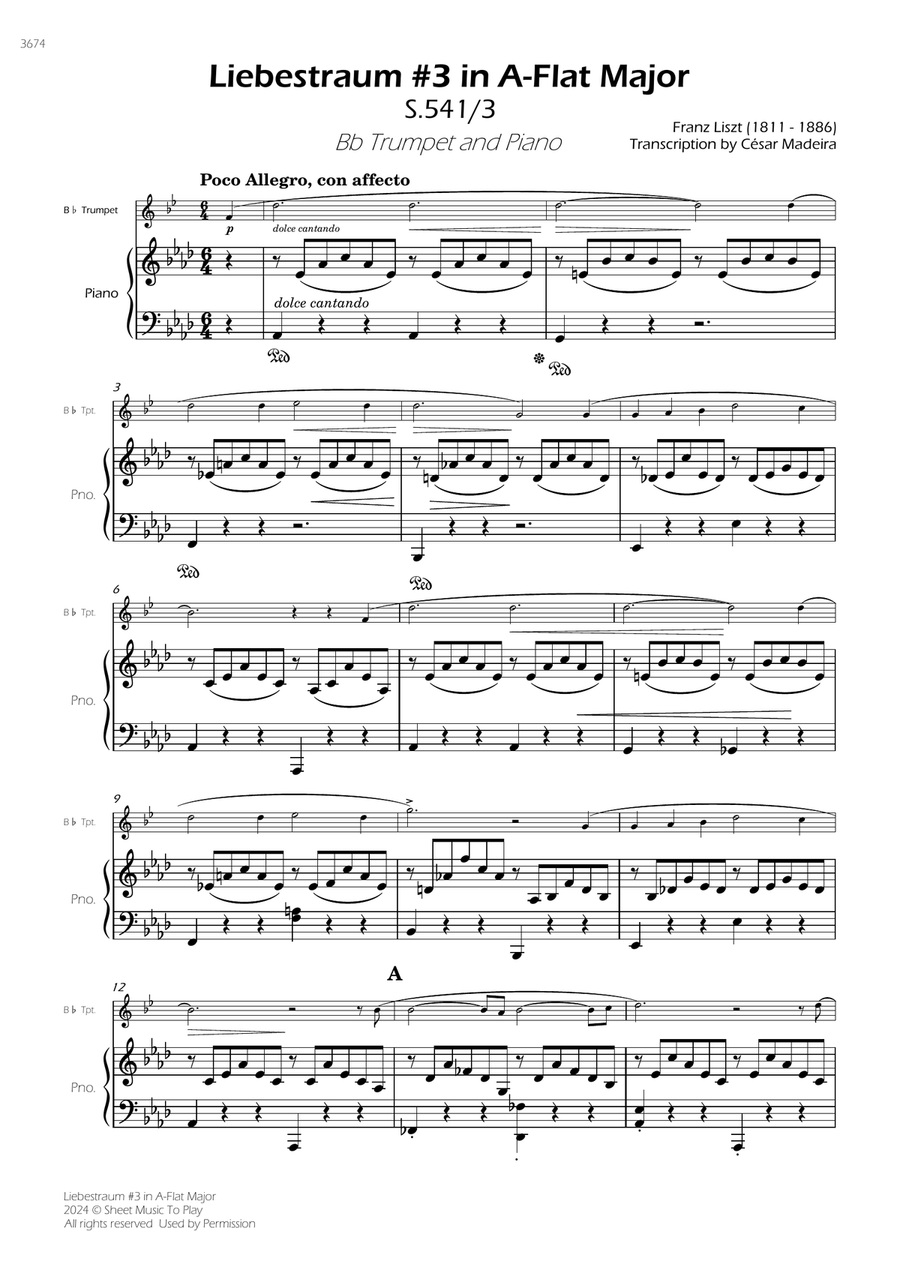 Liebestraum No.3 - Bb Trumpet and Piano (Full Score and Parts) B-Flat Trumpet scores gallery preview page 3