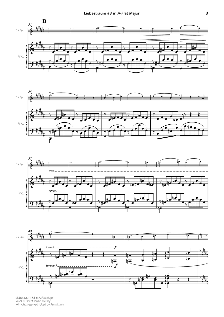 Liebestraum No.3 - Bb Trumpet and Piano (Full Score and Parts) B-Flat Trumpet scores gallery preview page 5