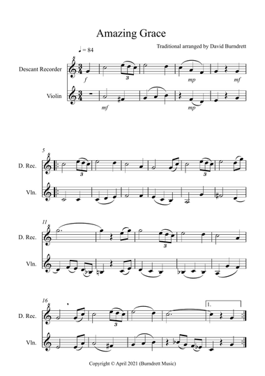 Amazing Grace for Descant Recorder and Violin Duet