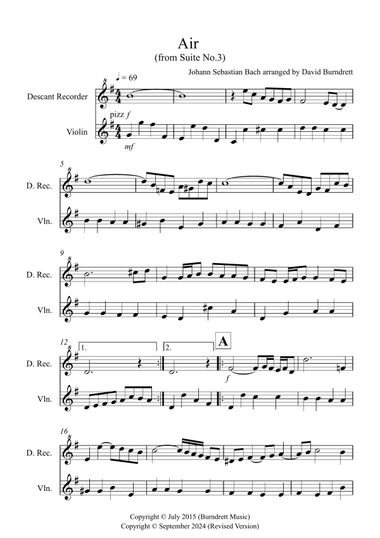 Air on a G String for Descant Recorder and Violin Duet