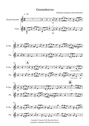 Greensleeves for Descant Recorder and Violin Duet
