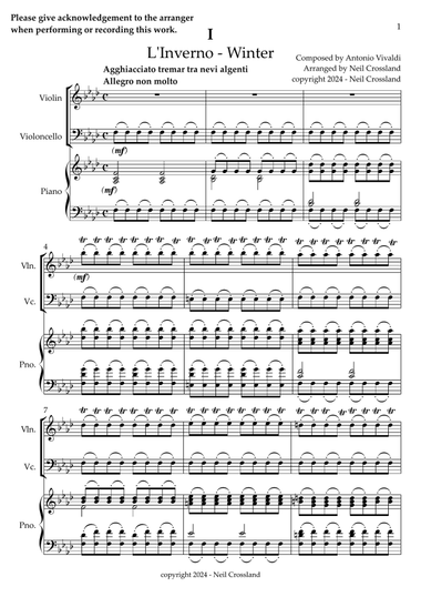 Vivaldi - Four Seasons - Winter for Piano Trio - (score & parts)