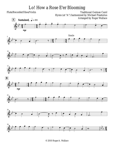 Lo! How a Rose E'er Blooming (Recorder & Piano)