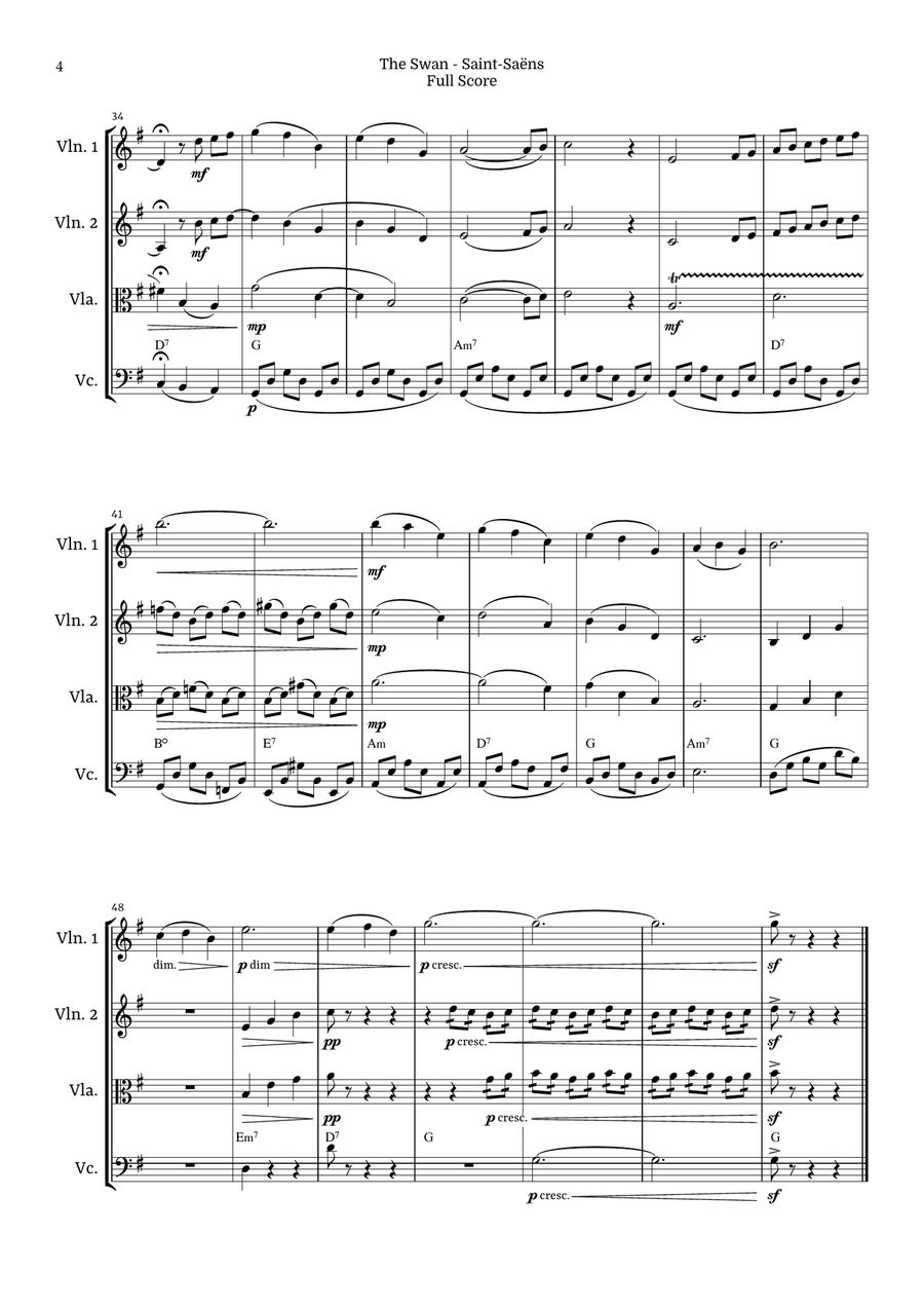 The Swan for String Quartet by Saint-Saens, Ratner 125 String Quartet scores gallery preview page 4