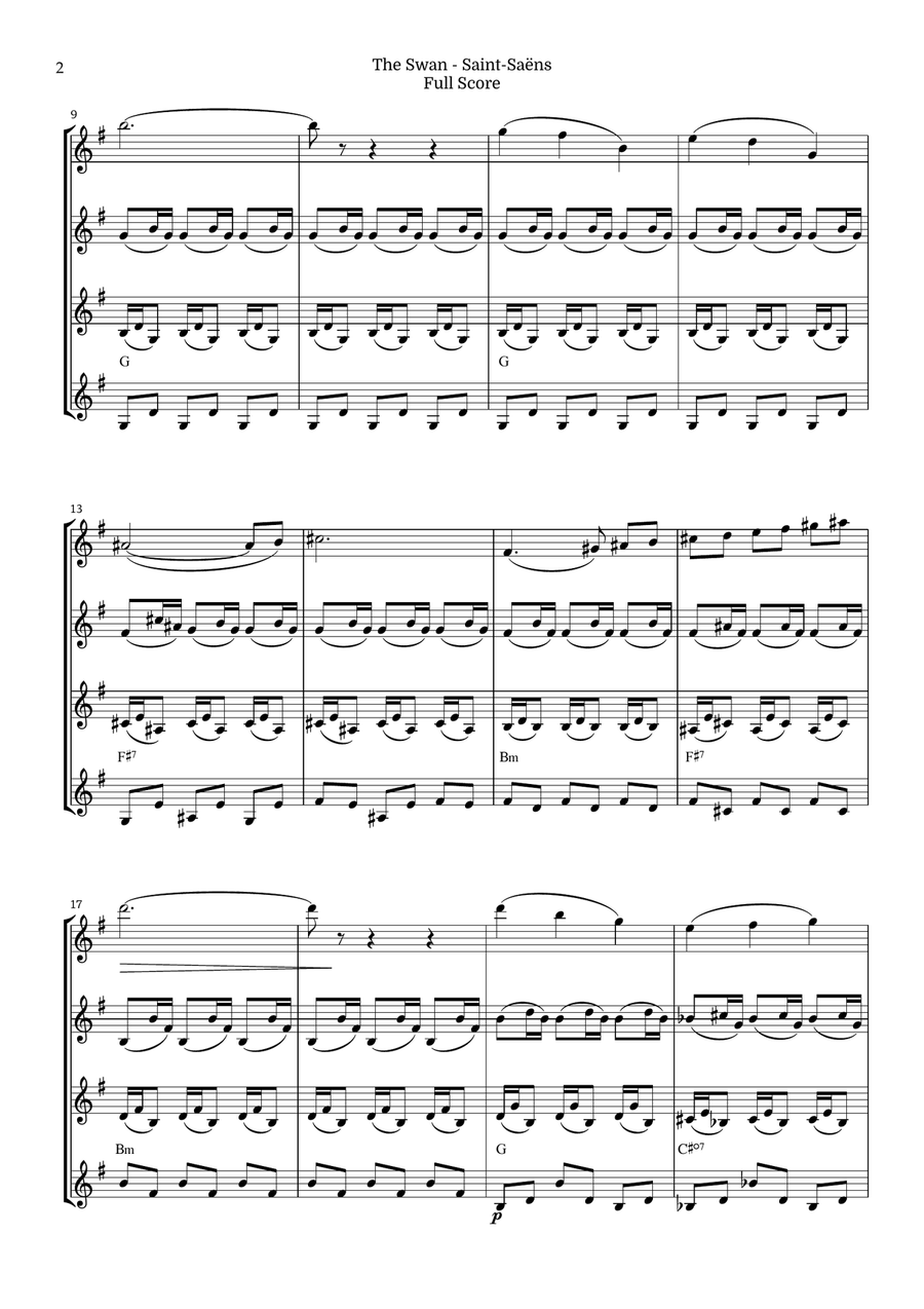 The Swan for Violin Quartet by Saint-Saens, Ratner 125 String Quartet scores gallery preview page 2