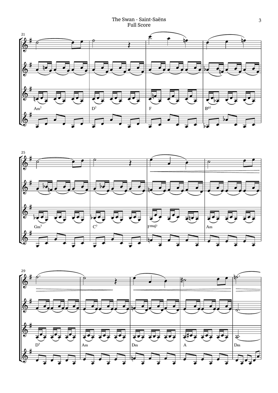 The Swan for Violin Quartet by Saint-Saens, Ratner 125 String Quartet scores gallery preview page 3