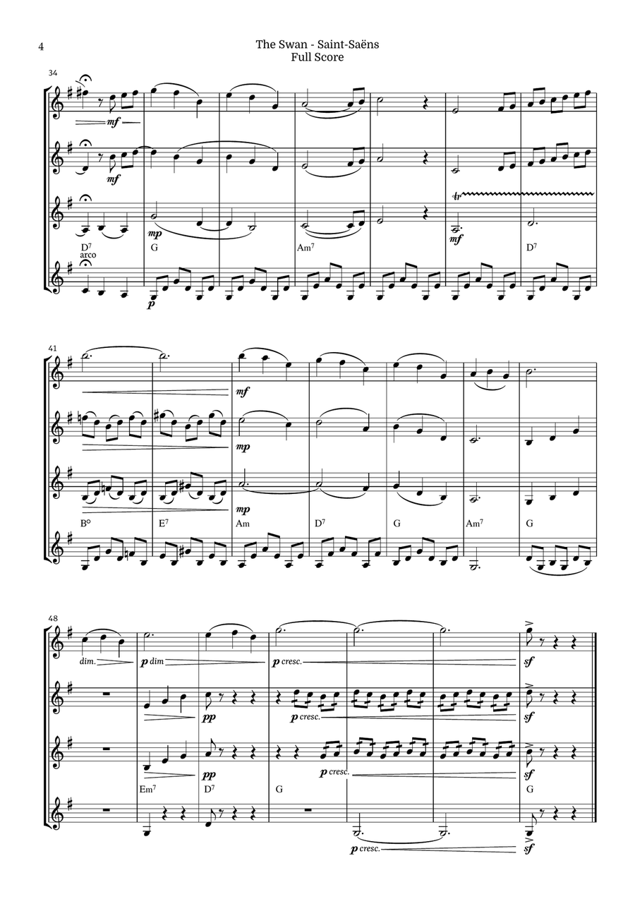 The Swan for Violin Quartet by Saint-Saens, Ratner 125 String Quartet scores gallery preview page 4