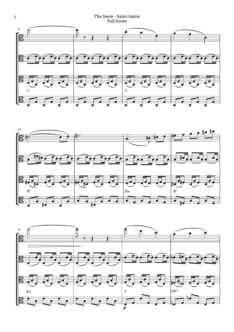 The Swan for Viola Quartet by Saint-Saens, Ratner 125 String Quartet scores gallery preview page 2