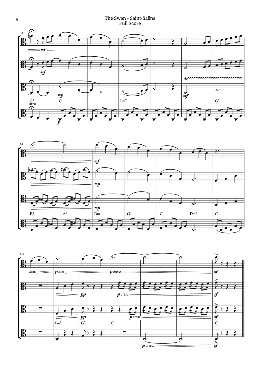 The Swan for Viola Quartet by Saint-Saens, Ratner 125 String Quartet scores gallery preview page 4