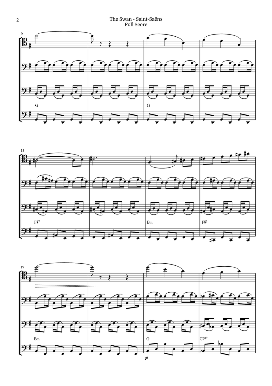 The Swan for Violoncello Quartet by Saint-Saens, Ratner 125 String Quartet scores gallery preview page 2