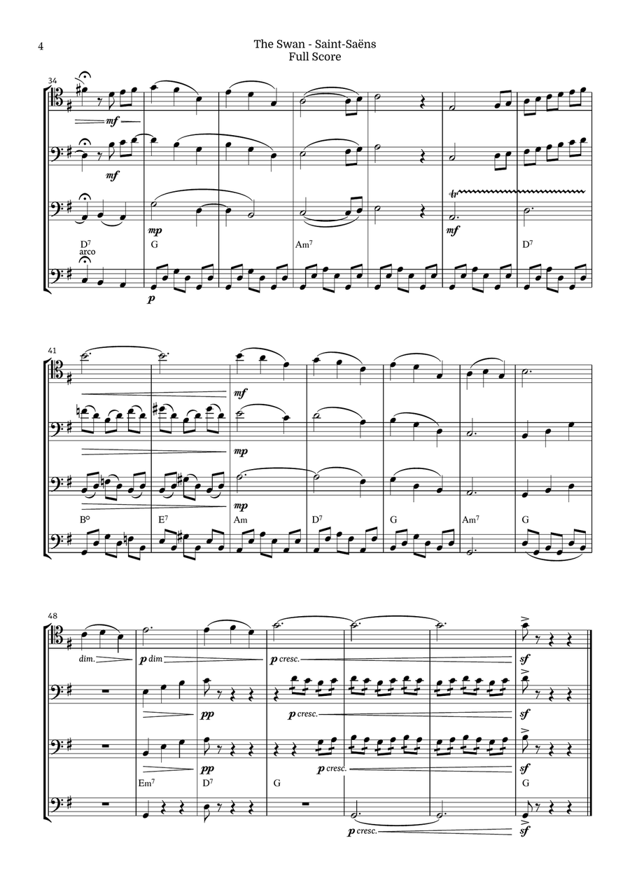 The Swan for Violoncello Quartet by Saint-Saens, Ratner 125 String Quartet scores gallery preview page 4