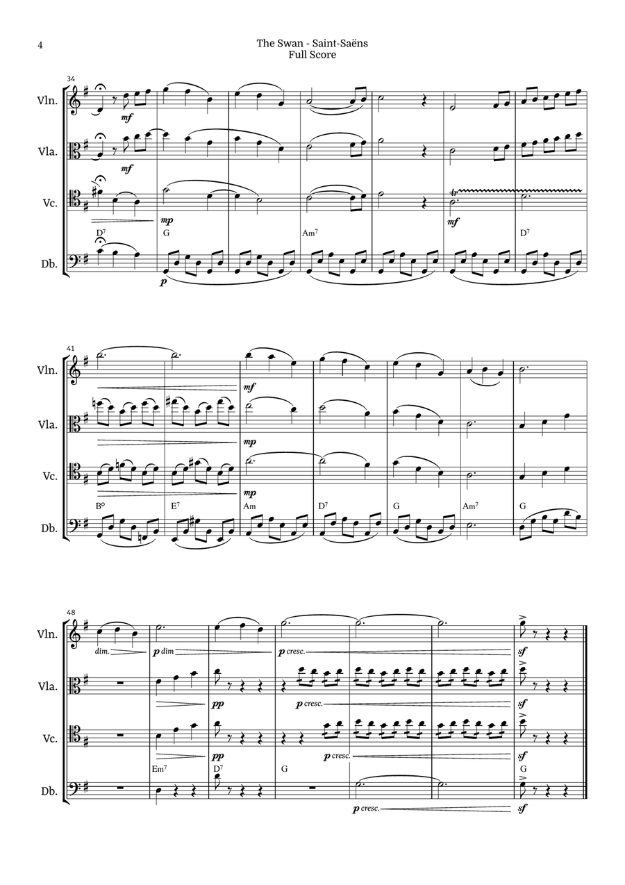 The Swan for String Ensemble by Saint-Saens, Ratner 125 Chamber Music scores gallery preview page 4