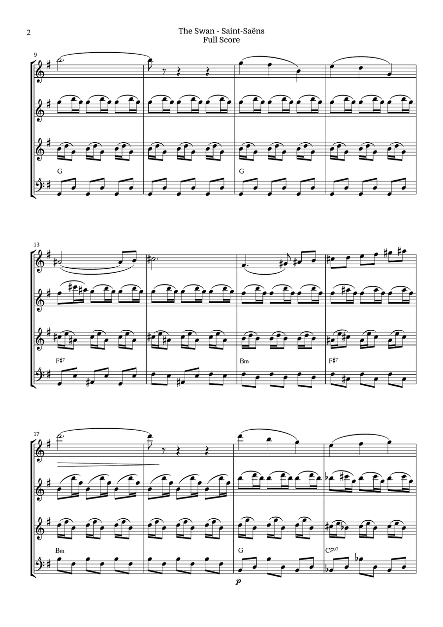 The Swan for Recorder Quartet by Saint-Saens, Ratner 125 Chamber Music scores gallery preview page 2