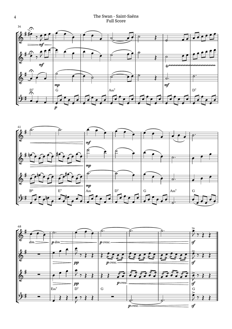 The Swan for Recorder Quartet by Saint-Saens, Ratner 125 Chamber Music scores gallery preview page 4
