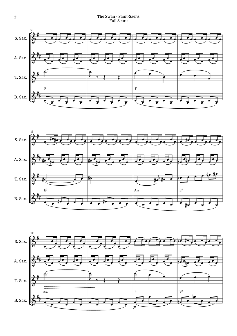 The Swan for Saxophone Quartet by Saint-Saens, Ratner 125 Saxophone Quartet scores gallery preview page 2