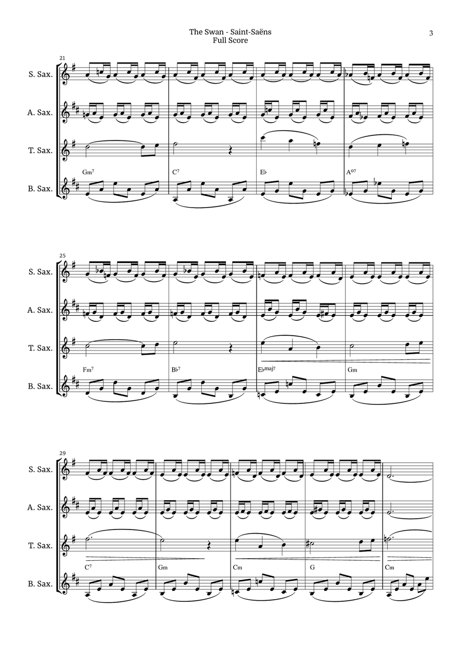 The Swan for Saxophone Quartet by Saint-Saens, Ratner 125 Saxophone Quartet scores gallery preview page 3