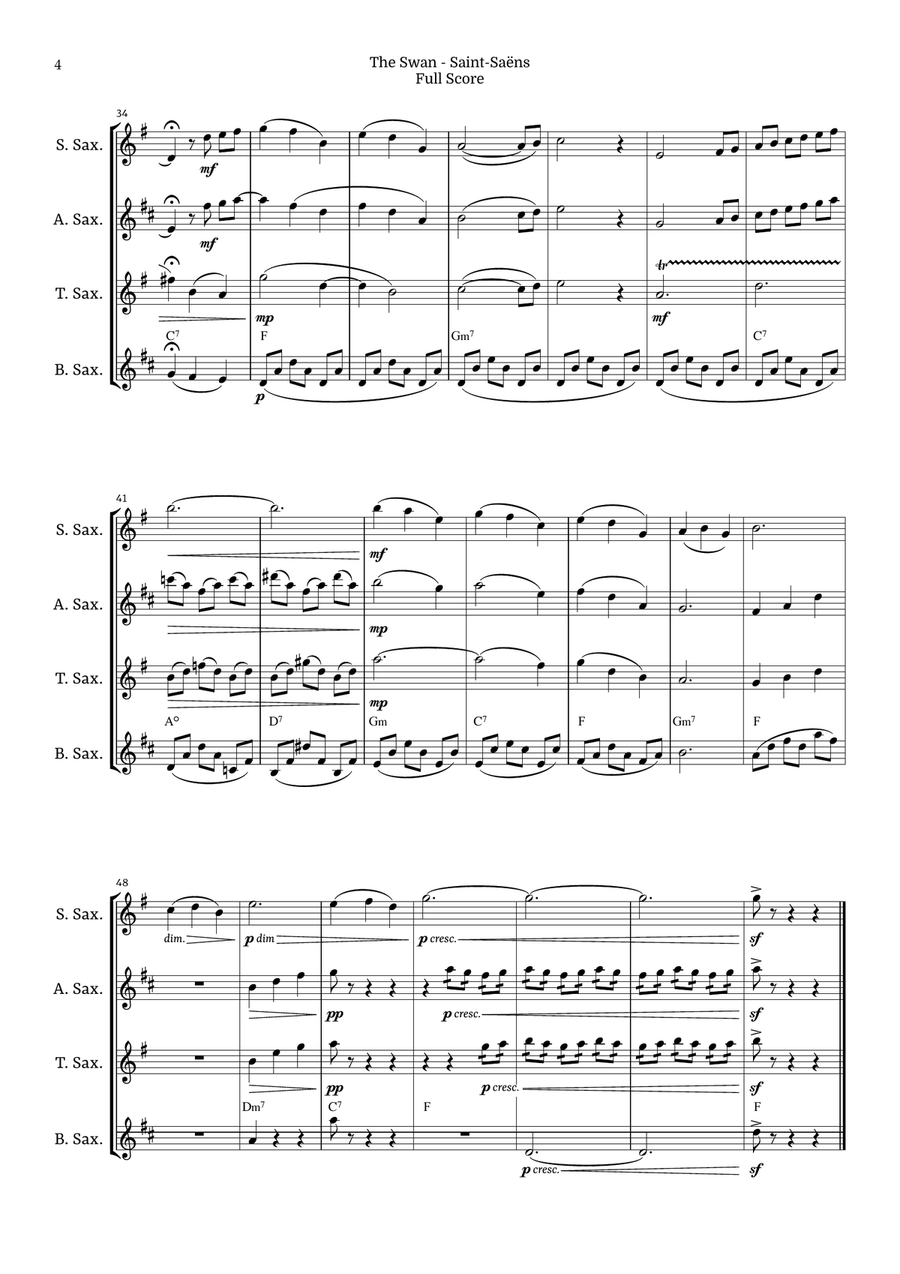 The Swan for Saxophone Quartet by Saint-Saens, Ratner 125 Saxophone Quartet scores gallery preview page 4