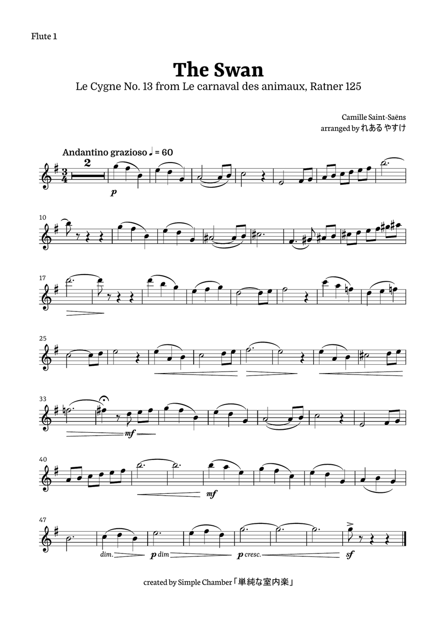 The Swan for Flute Quartet by Saint-Saens, Ratner 125 Flute Quartet scores gallery preview page 5