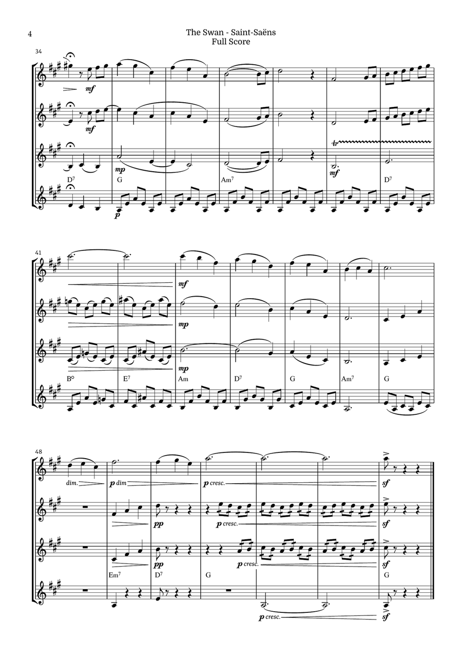 The Swan for Clarinet Quartet by Saint-Saens, Ratner 125 Clarinet Quartet scores gallery preview page 4