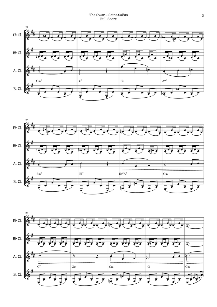 The Swan for Clarinet Ensemble by Saint-Saens, Ratner 125 Woodwind Ensemble scores gallery preview page 3