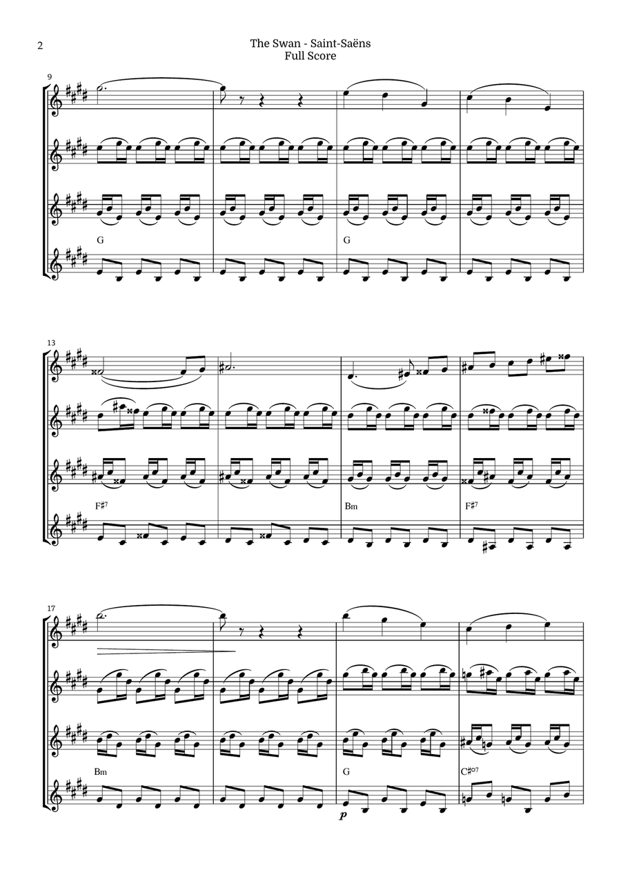 The Swan for Alto Saxophone Quartet by Saint-Saens, Ratner 125 Saxophone Quartet scores gallery preview page 2