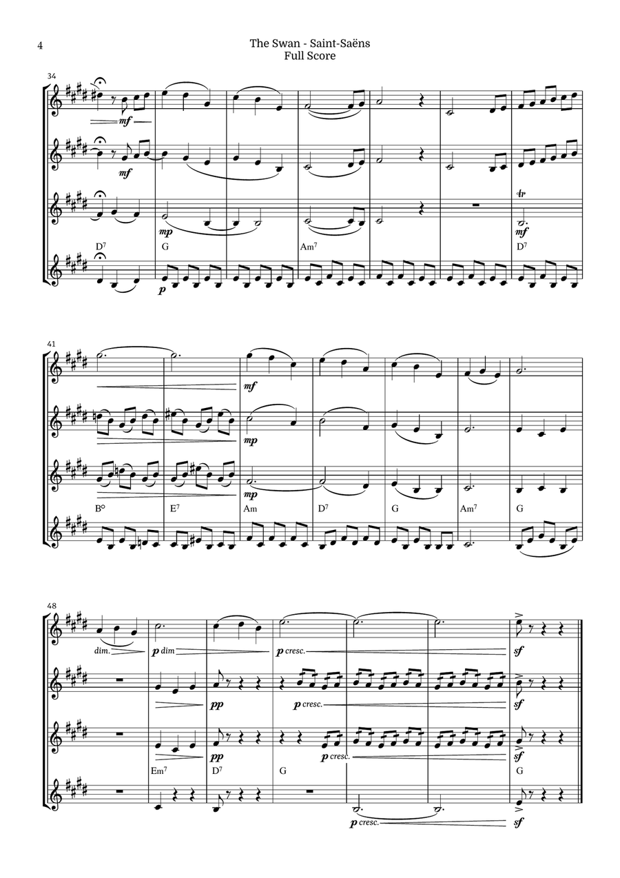 The Swan for Alto Saxophone Quartet by Saint-Saens, Ratner 125 Saxophone Quartet scores gallery preview page 4