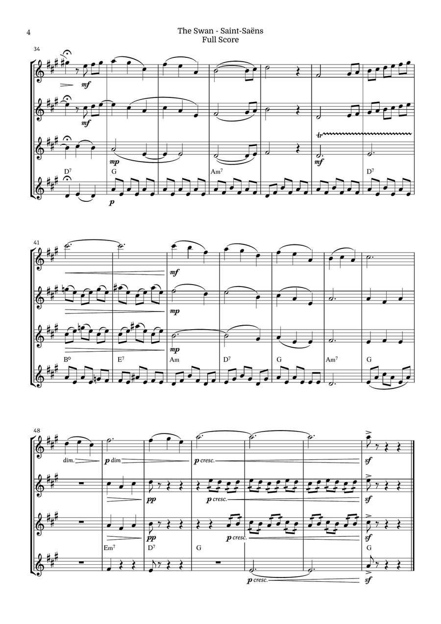 The Swan for Tenor Saxophone Quartet by Saint-Saens, Ratner 12 Saxophone Quartet scores gallery preview page 4