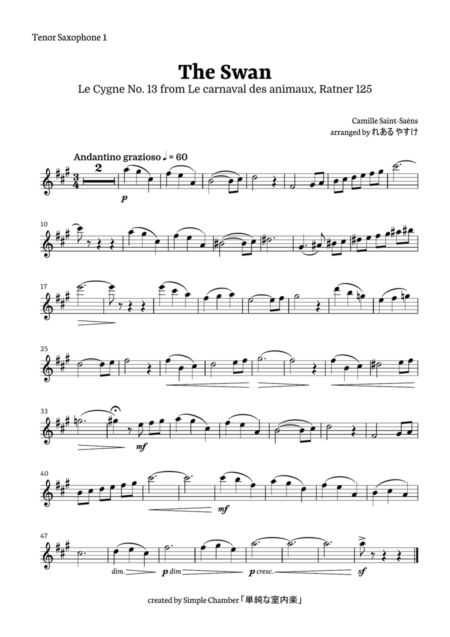 The Swan for Tenor Saxophone Quartet by Saint-Saens, Ratner 12 Saxophone Quartet scores gallery preview page 5