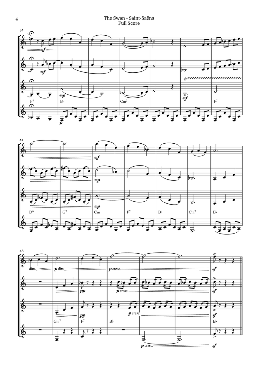 The Swan for Horn in F Quartet by Saint-Saens, Ratner 125 Brass Quartet scores gallery preview page 4