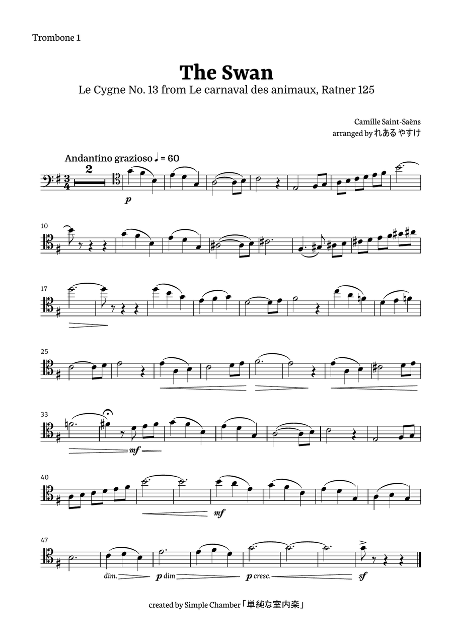 The Swan for Trombone Quartet by Saint-Saens, Ratner 125 Brass Quartet scores gallery preview page 5