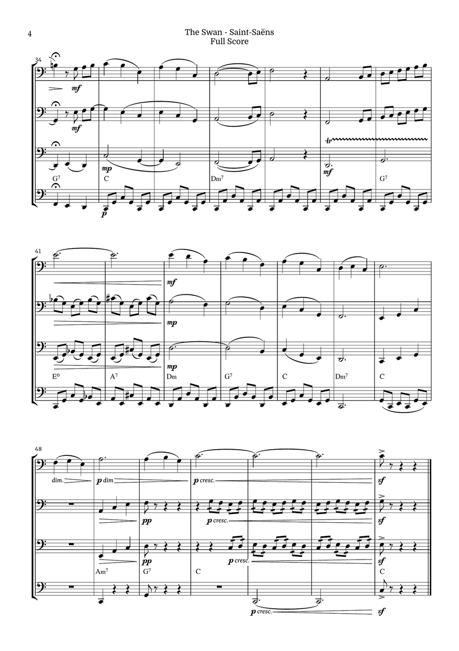 The Swan for Tuba Quartet by Saint-Saens, Ratner 125 Brass Quartet scores gallery preview page 4