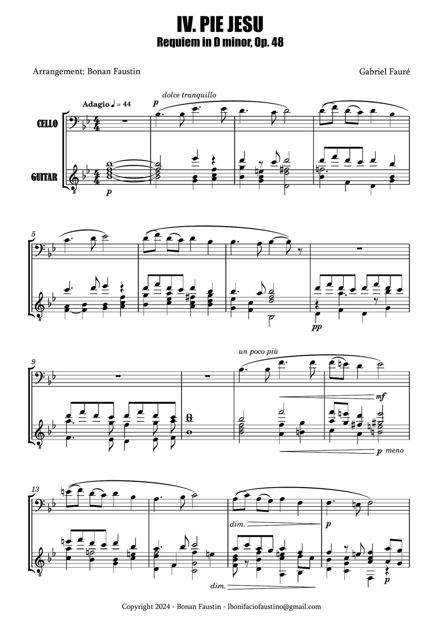 PIE JESU [GABRIEL FAURÉ] FOR CELLO AND GUITAR String Duet scores gallery preview page 2