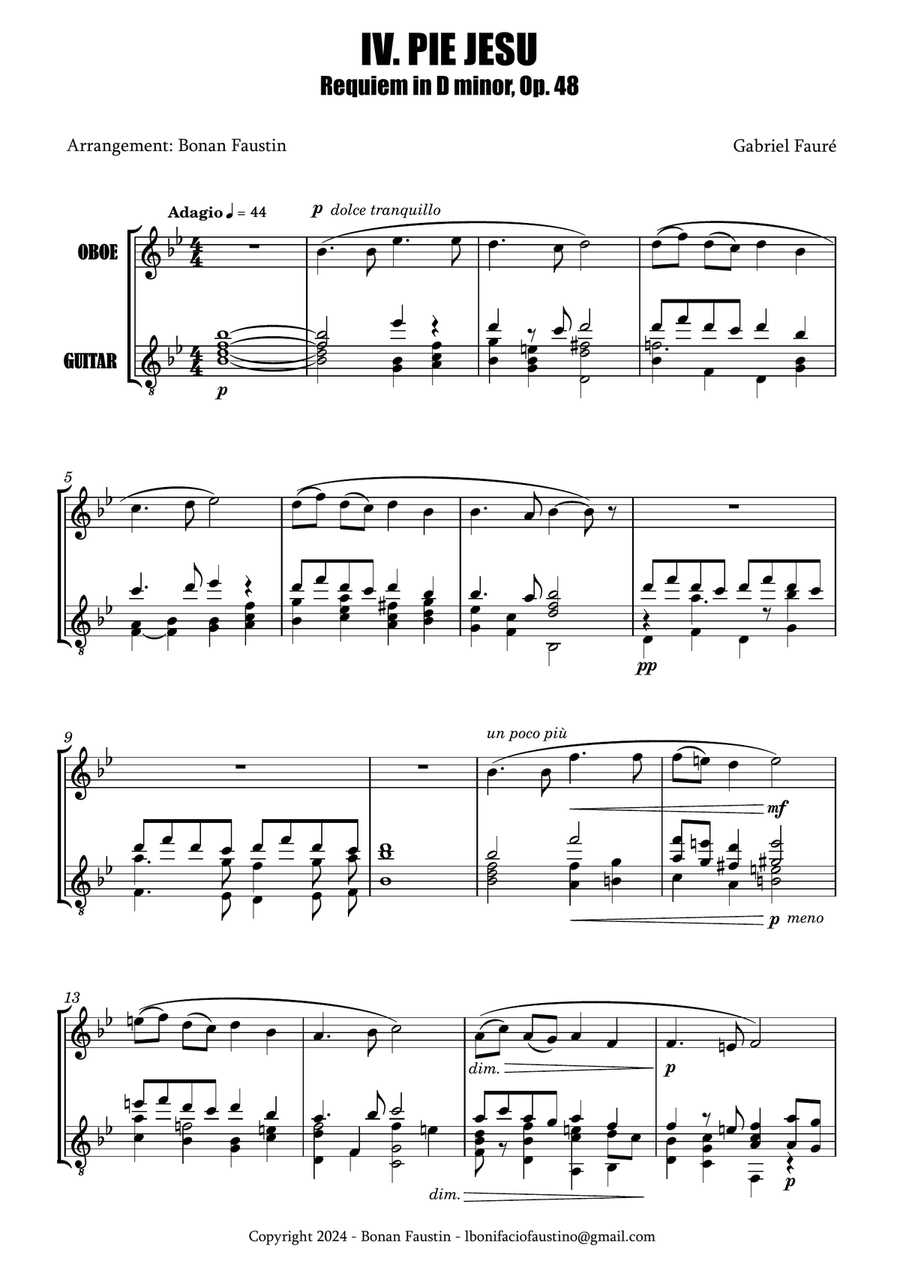 PIE JESU [GABRIEL FAURÉ] FOR OBOE AND GUITAR Oboe scores gallery preview page 2