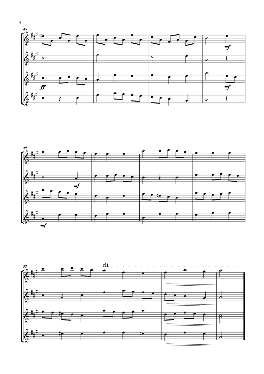 We Wish You A Merry Christmas for Soprano Sax quartet. Score and parts included. Saxophone Quartet scores gallery preview page 4