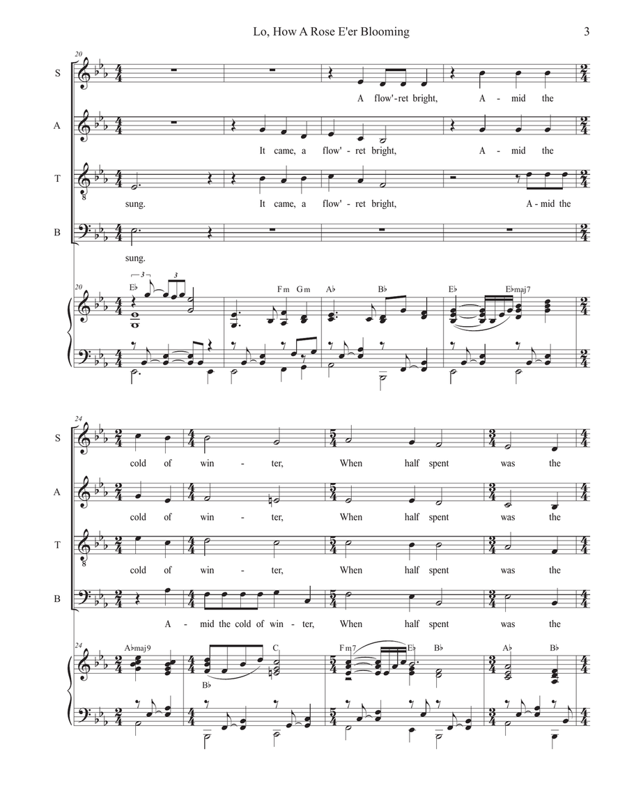 Lo, How A Rose E'er Blooming (Vocal Quartet - (SATB) 4-Part scores gallery preview page 3
