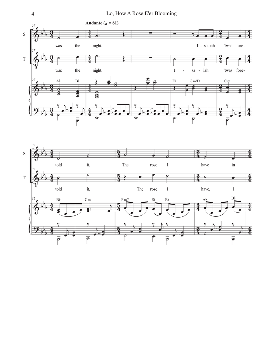 Lo, How A Rose E'er Blooming (Duet for Soprano and Tenor solo) Tenor Voice scores gallery preview page 4