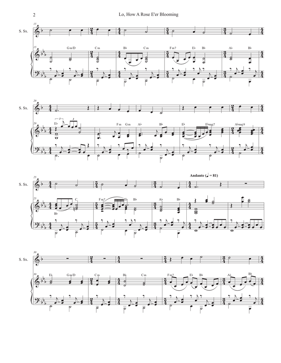 Lo, How A Rose E'er Blooming (Soprano Saxophone and Piano) Soprano Saxophone scores gallery preview page 2