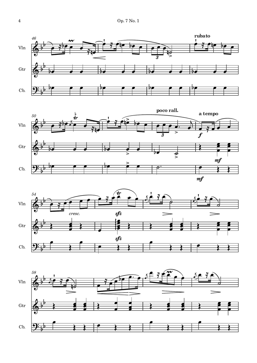 Mazurka in B flat Major Op. 7 No. 1 for violin, guitar and doublebass Small Ensemble scores gallery preview page 4