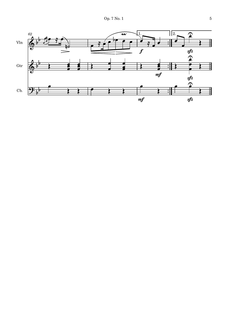 Mazurka in B flat Major Op. 7 No. 1 for violin, guitar and doublebass Small Ensemble scores gallery preview page 5