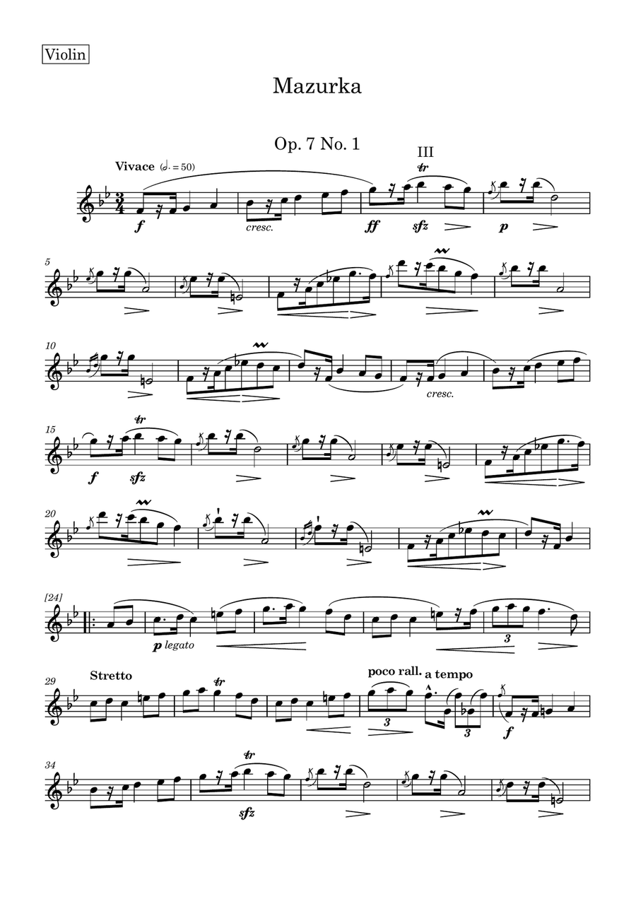Mazurka in B flat Major Op. 7 No. 1 for violin, guitar and doublebass Small Ensemble scores gallery preview page 6