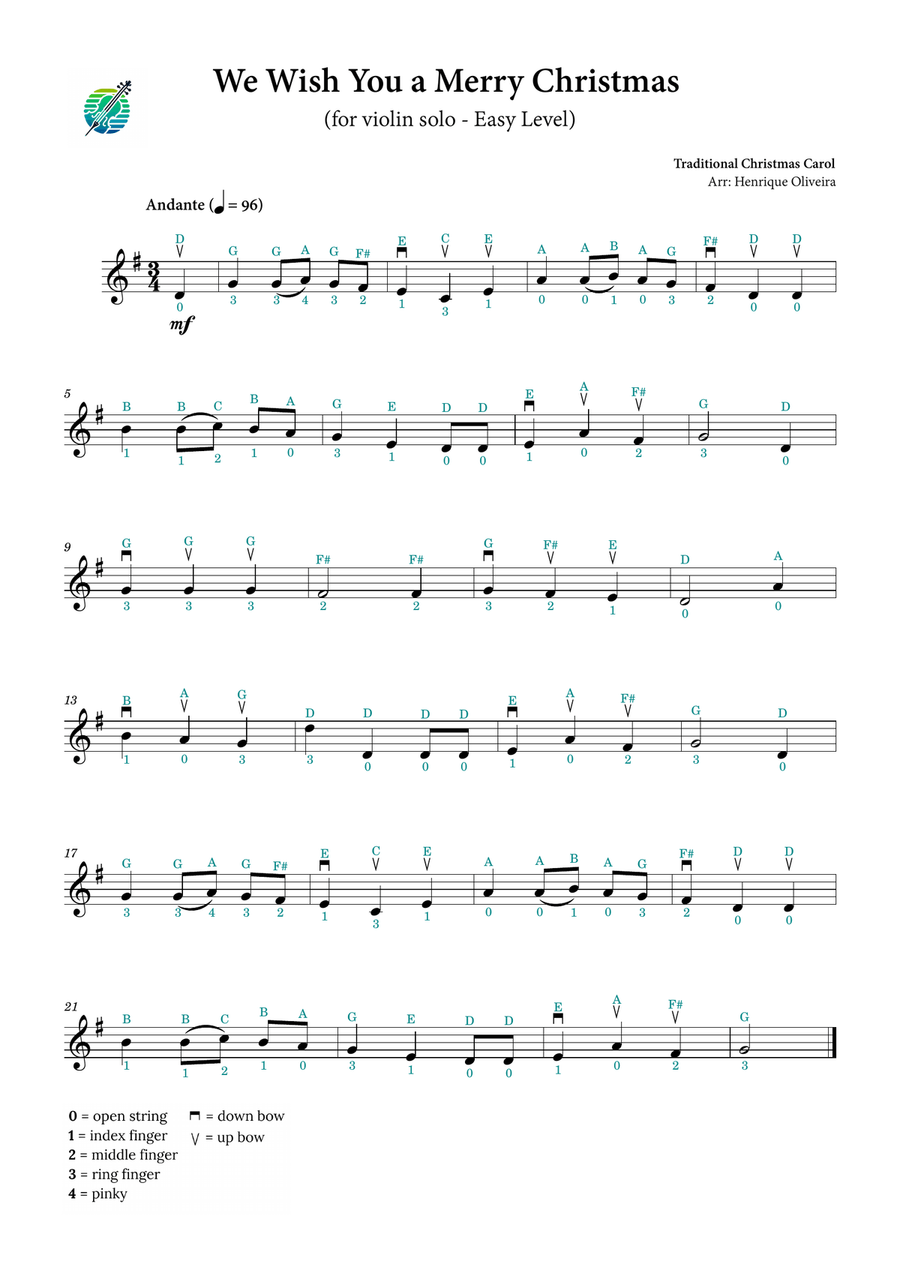 5 Christmas Carols for violin solo (Easy Level) - With fingerings, bowings and letter names Violin Solo scores gallery preview page 2