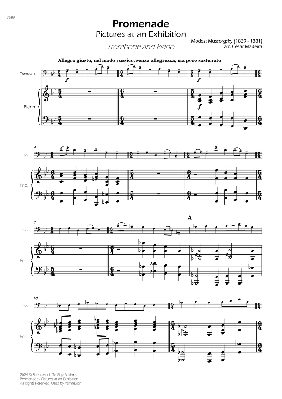 Pictures at an Exhibition - Promenade - Trombone and Piano (Full Score and Parts) Piano scores gallery preview page 3