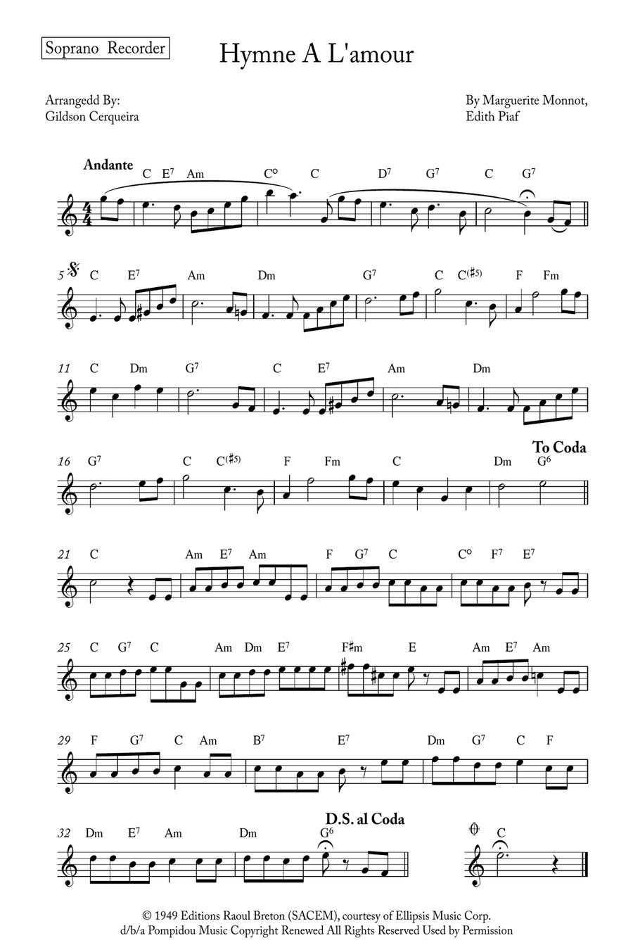 Hymne A L'amour Soprano Recorder scores gallery preview page 4
