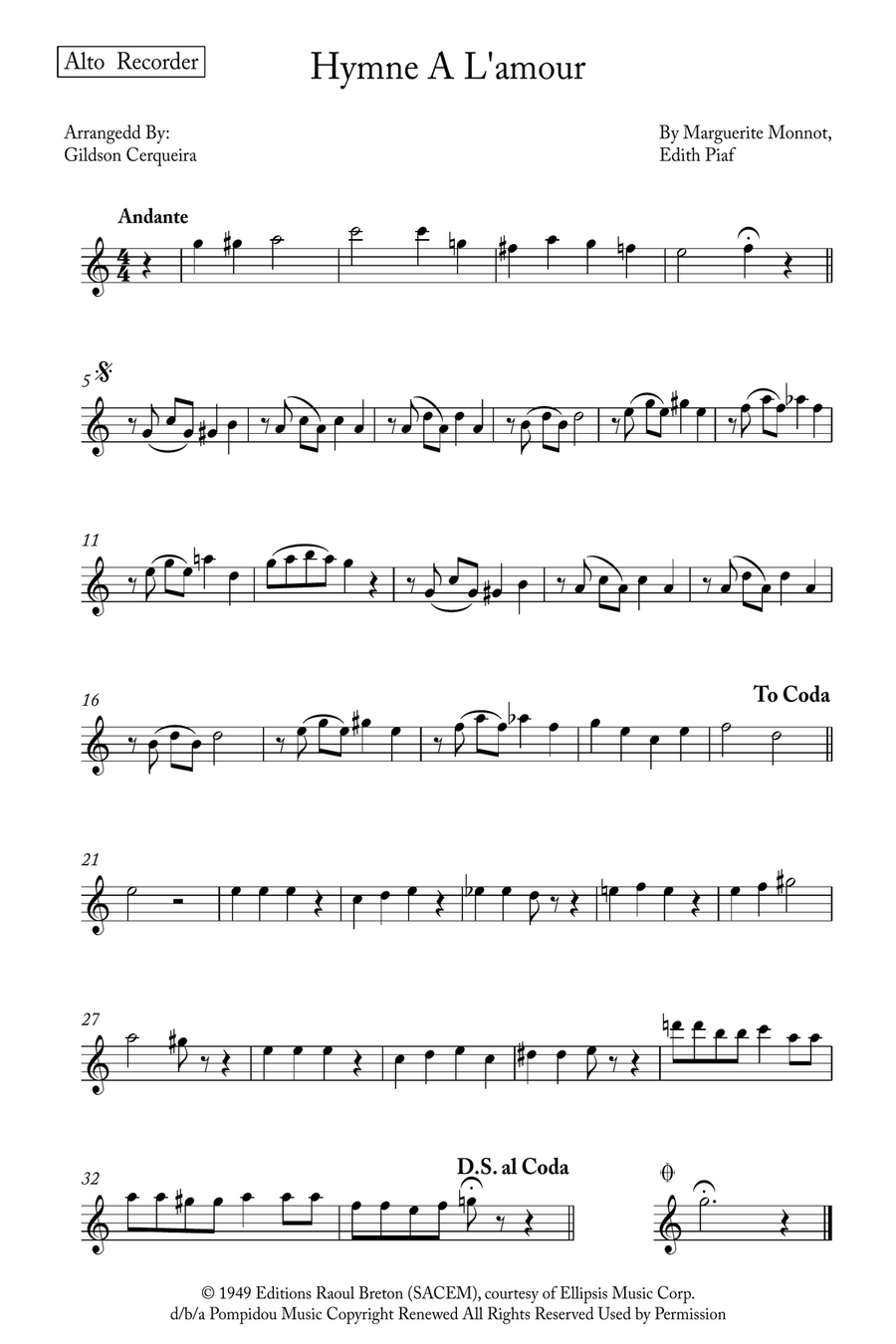Hymne A L'amour Soprano Recorder scores gallery preview page 5