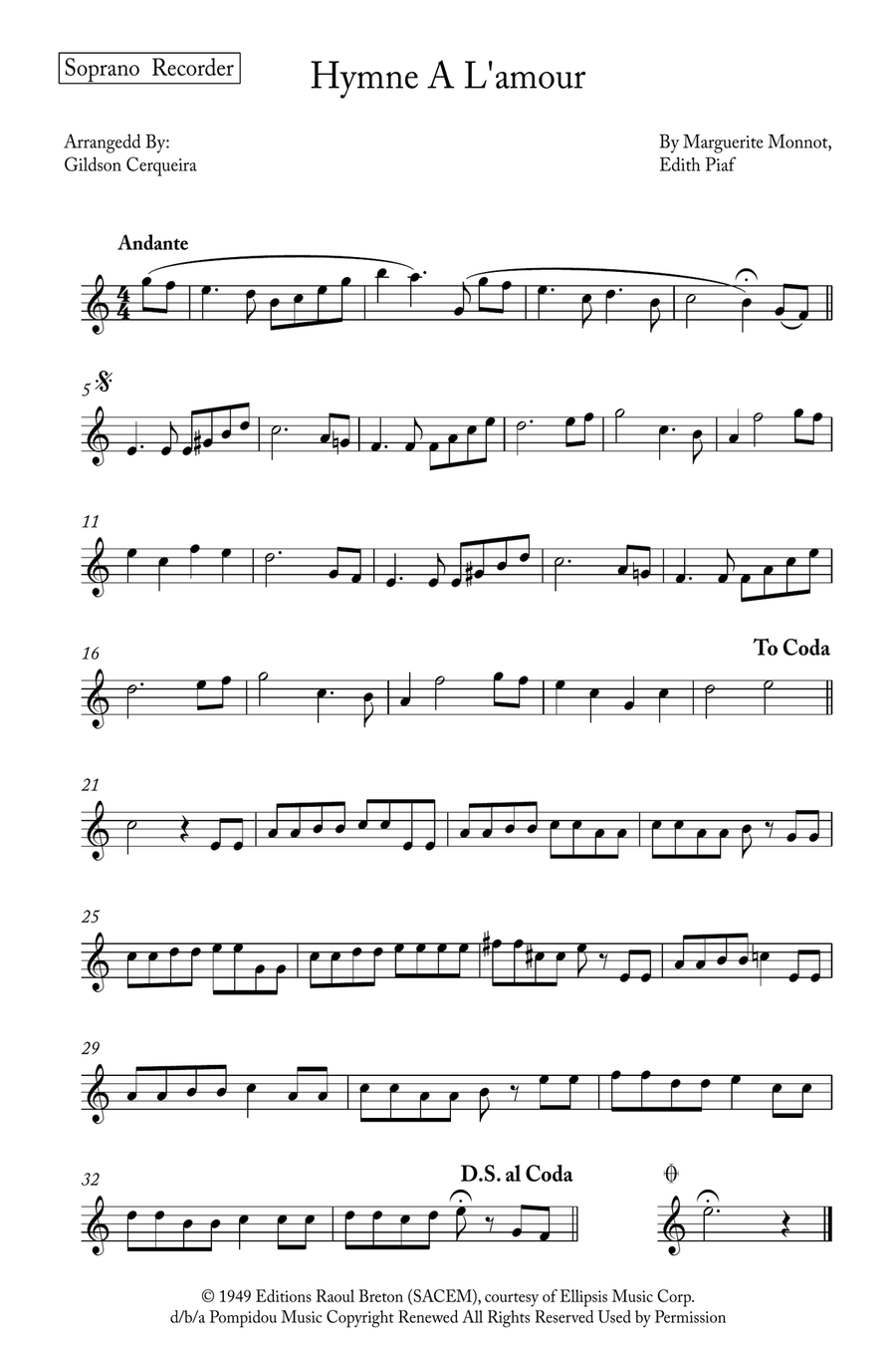 Hymne A L'amour Soprano Recorder scores gallery preview page 4