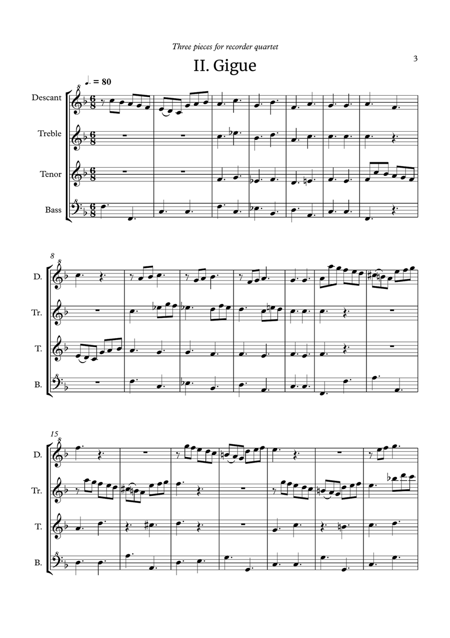 Three quartets for recorders: Air-Gigue-Kanon (d/tr/t/b) Chamber Music scores gallery preview page 5