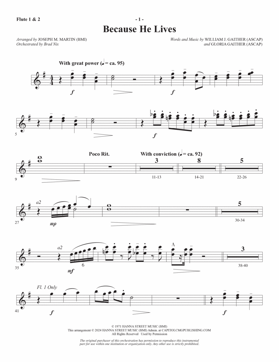Because He Lives (arr. Joseph M. Martin) - Flute 1 & 2 Choir scores gallery preview page 1