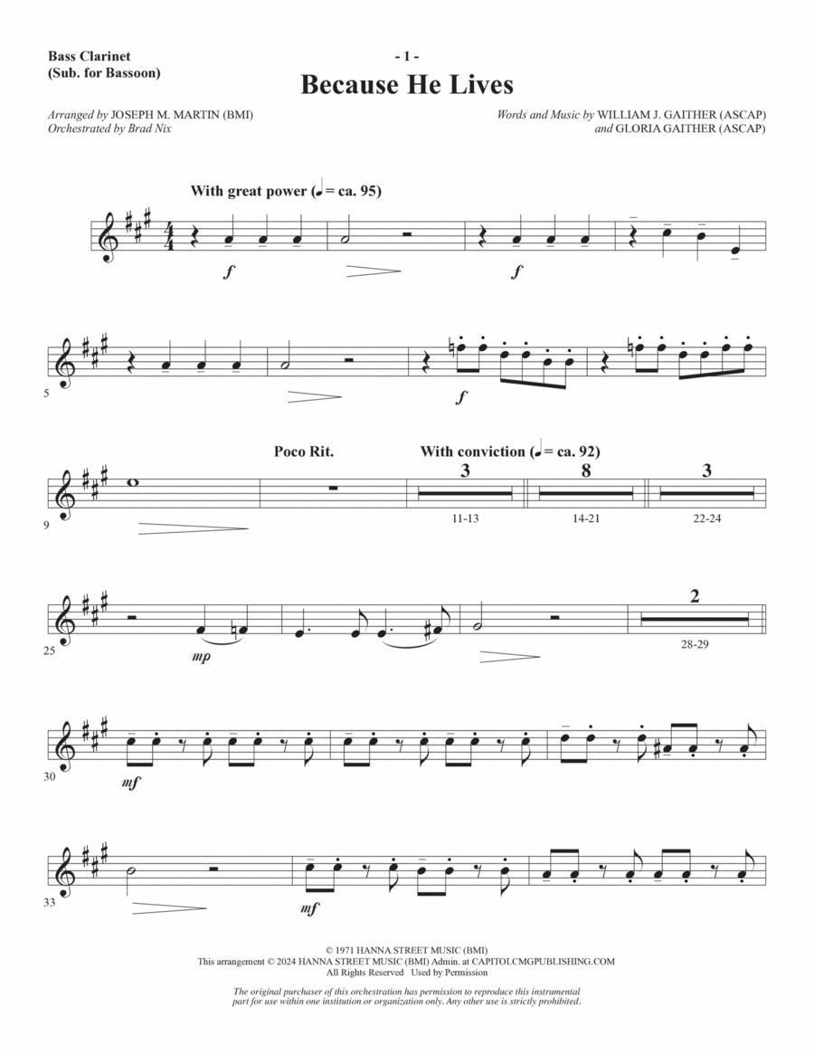 Because He Lives (arr. Joseph M. Martin) - Bass Clarinet (sub. Bassoon) Choir scores gallery preview page 1